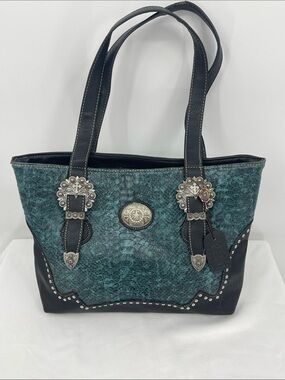 P&G Teal Textured Tote/SHOULDER Bag with Silver Conchos and Buckles